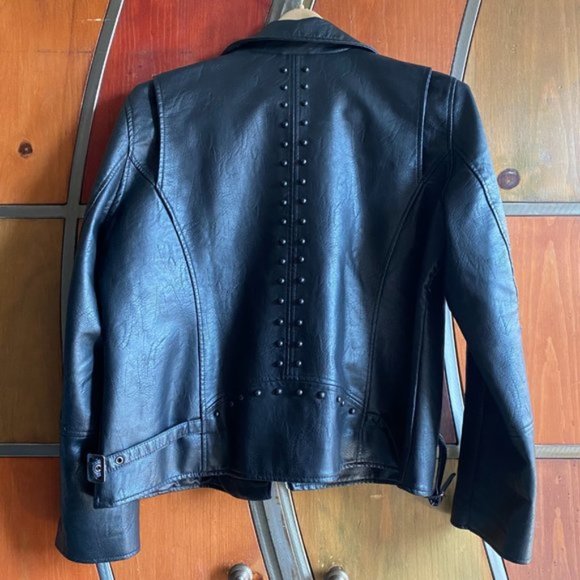 COLLEEN LOPEZ Black Vegan Faux Leather Stud Moto Jacket NWOT Womens Large - Picture 2 of 6